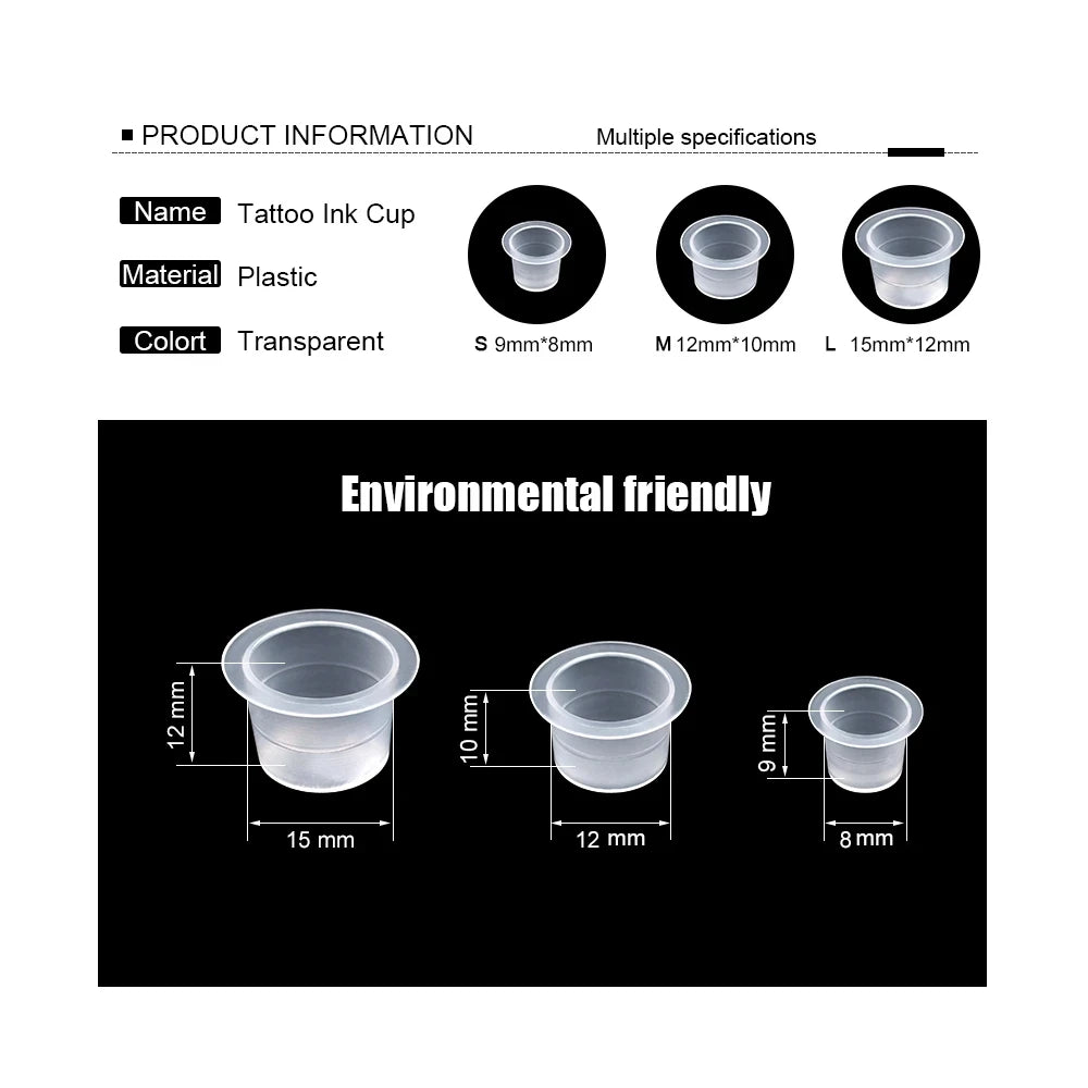 Disposable Tattoo Ink Caps — S/M/L Clear Plastic Cups (100/1000pcs)