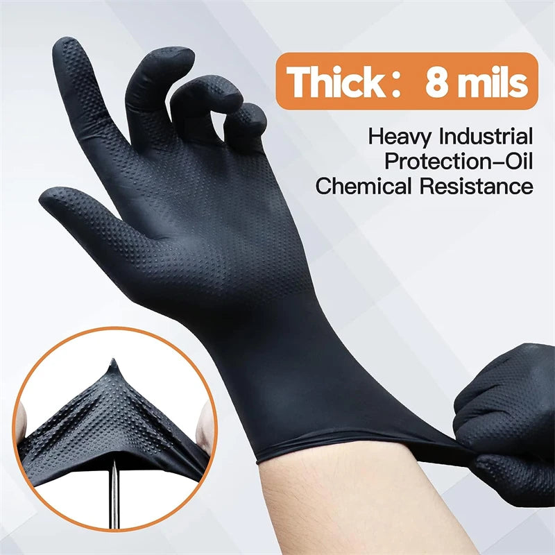 Heavy Duty Black Nitrile Gloves 8mil — Diamond Grip Tattoo & Mechanic (10/30/50pcs)