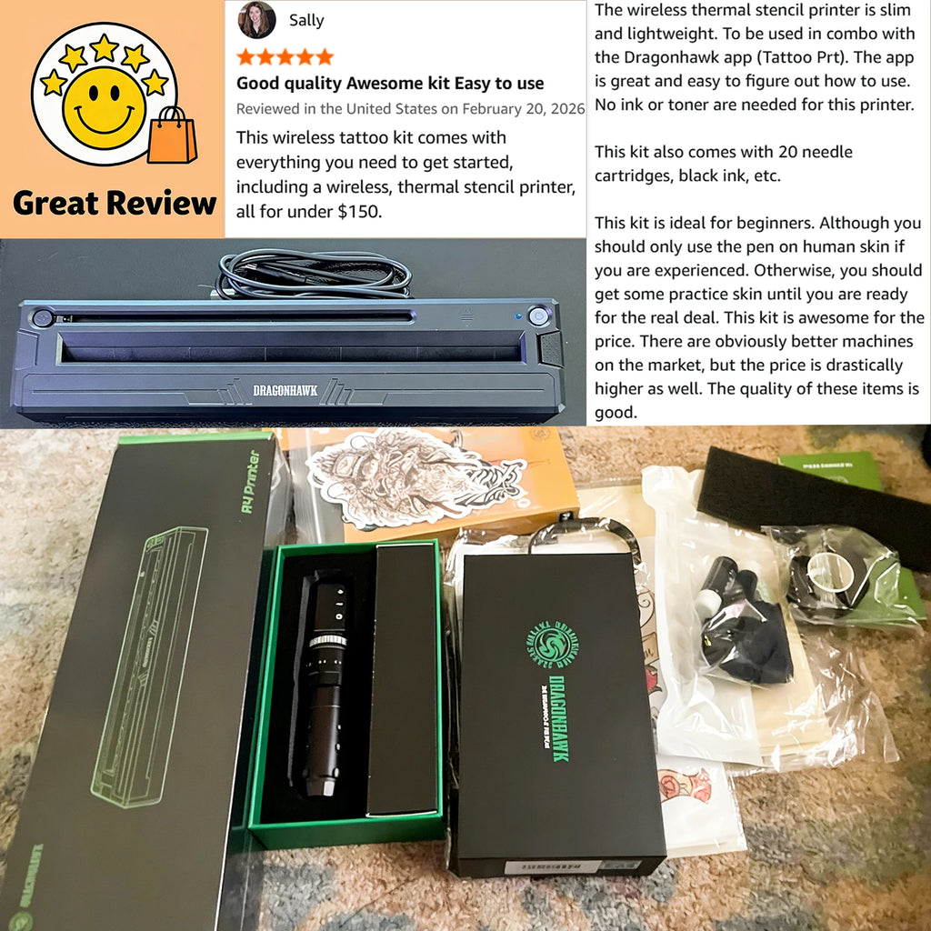Dragonhawk L3 Complete Tattoo Kit — Wireless Machine + Thermal Printer (Beginner & Pro)