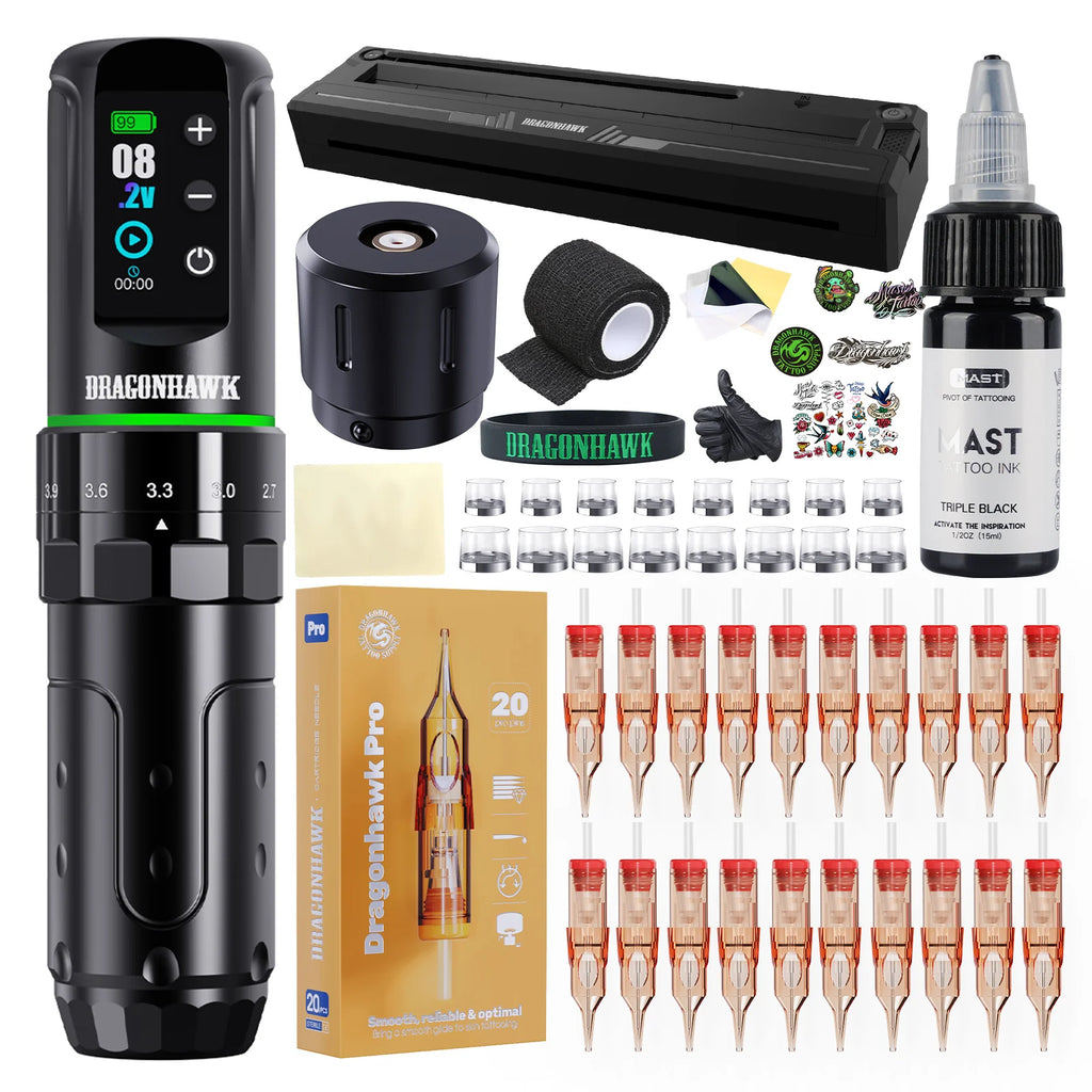 Dragonhawk L3 Complete Tattoo Kit — Wireless Machine + Thermal Printer (Beginner & Pro)