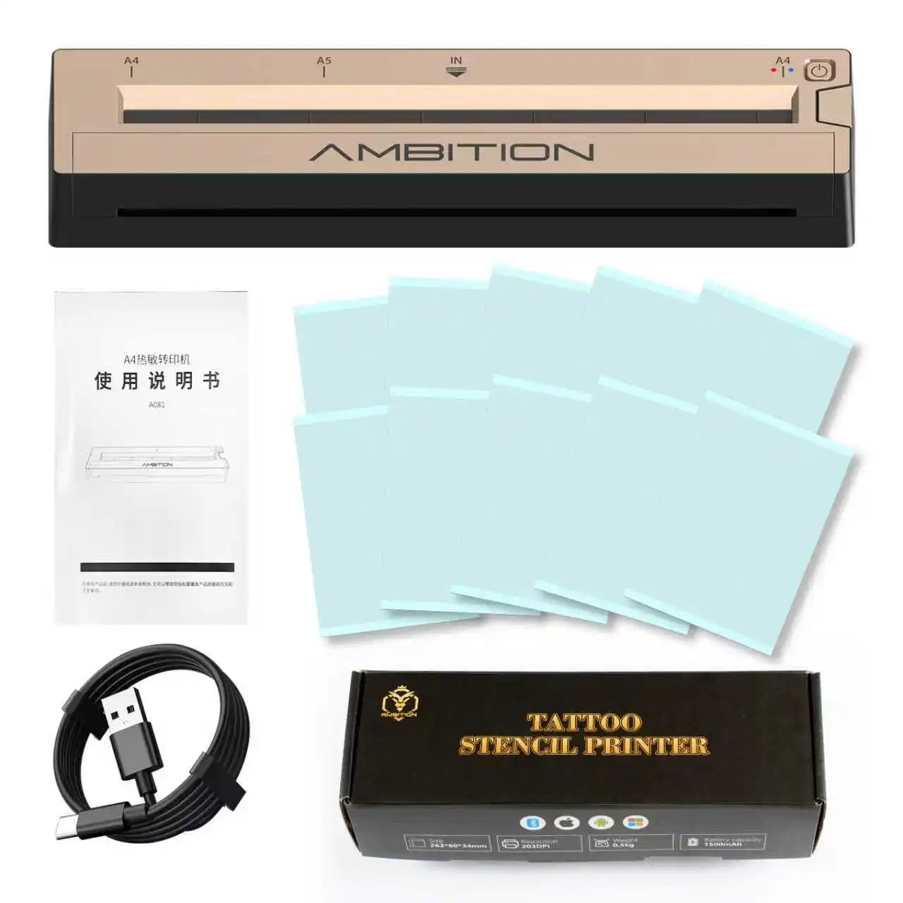 Ambition Wireless Thermal Tattoo Stencil Printer — A4 Bluetooth (Android/iOS/PC)