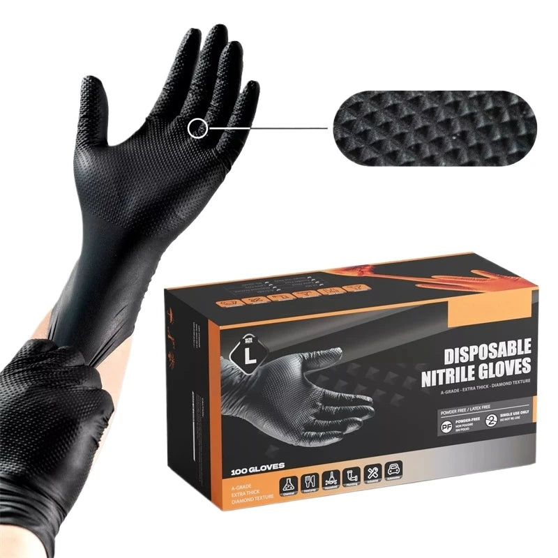 Heavy Duty Black Nitrile Gloves 8mil — Diamond Grip Tattoo & Mechanic (10/30/50pcs)