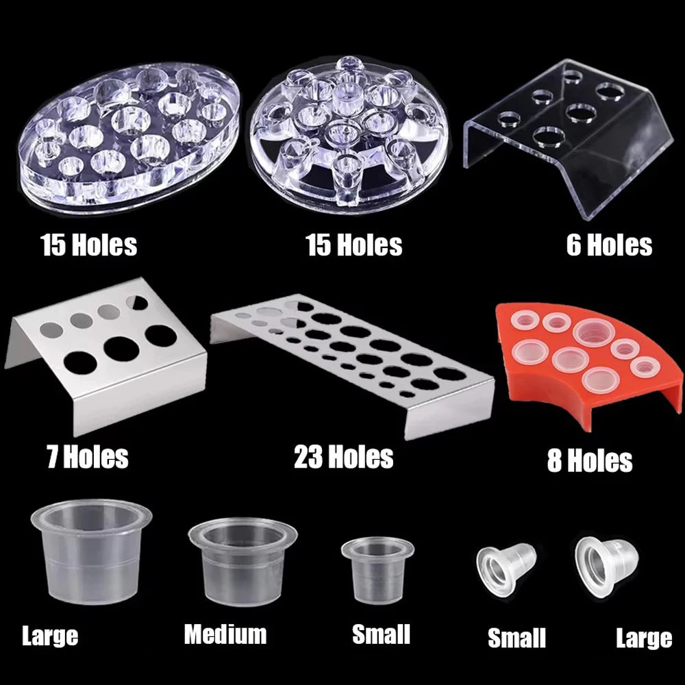 Tattoo Ink Cup Holder Stand & Ink Cups – 6 to 23 Holes | Plastic, Acrylic & Silicone